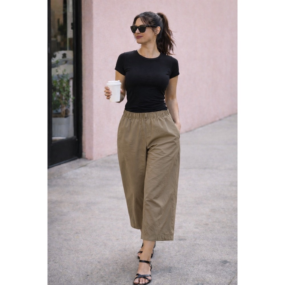 Quince Womens Wide Leg Cropped Culottes Pants L Elastic Waist Khaki